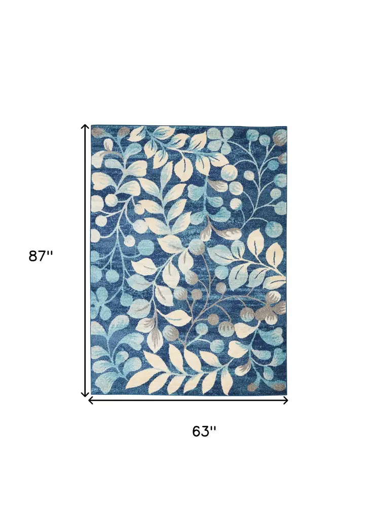 5' X 7' Navy Blue and Beige Botanical Leaves Area Rug