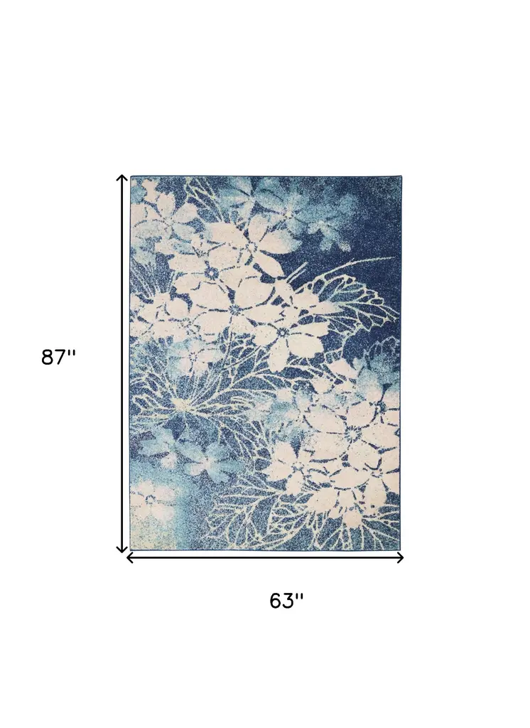 5' X 7' Navy Blue and Ivory Floral Area Rug