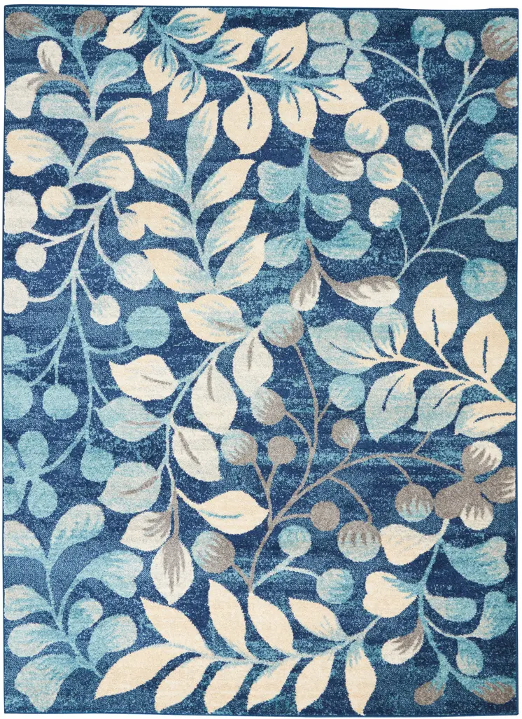 6' X 9' Navy Blue and Beige Botanical Leaves Area Rug