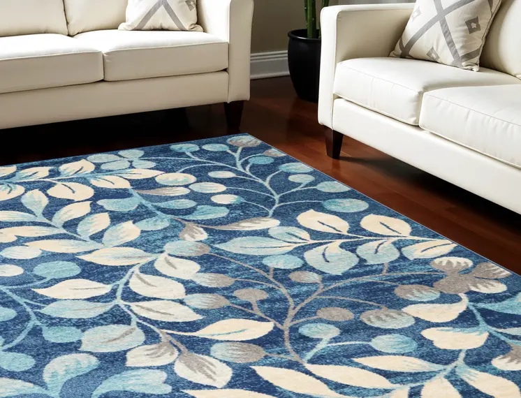 6' X 9' Navy Blue and Beige Botanical Leaves Area Rug