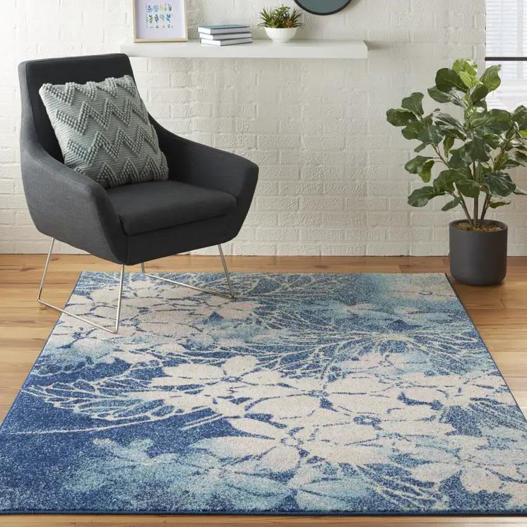 6' X 9' Navy Blue and Ivory Floral Area Rug