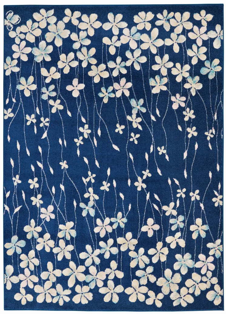 6' X 9' Navy Blue and Ivory Floral Area Rug