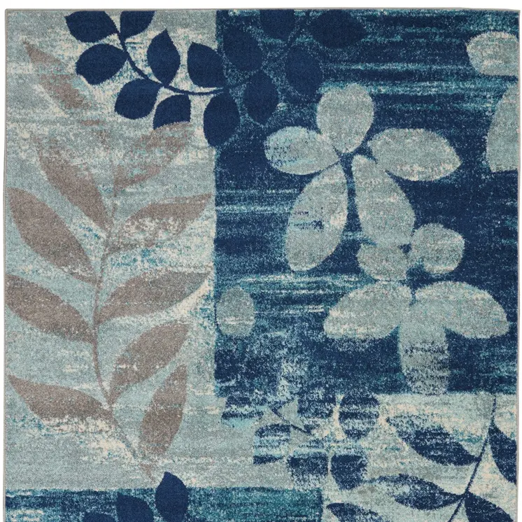 6' X 9' Navy Blue Light Blue and Gray Botanical Leaves Area Rug
