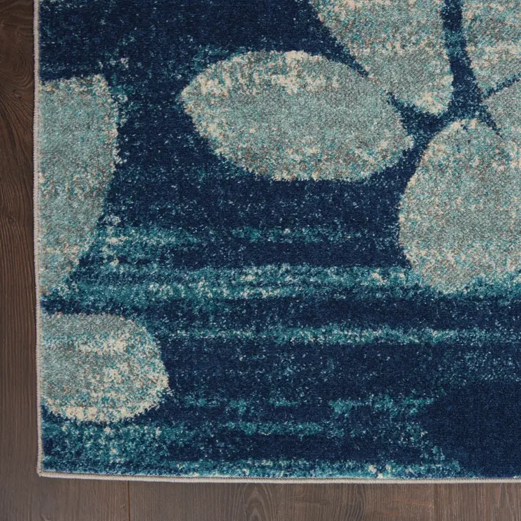6' X 9' Navy Blue Light Blue and Gray Botanical Leaves Area Rug