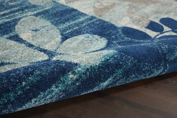 6' X 9' Navy Blue Light Blue and Gray Botanical Leaves Area Rug