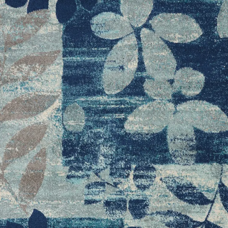 6' X 9' Navy Blue Light Blue and Gray Botanical Leaves Area Rug