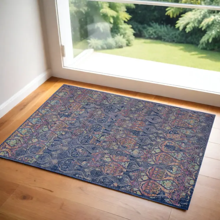 4' X 6' Navy Blue and Orange Ogee Distressed Non Skid Area Rug