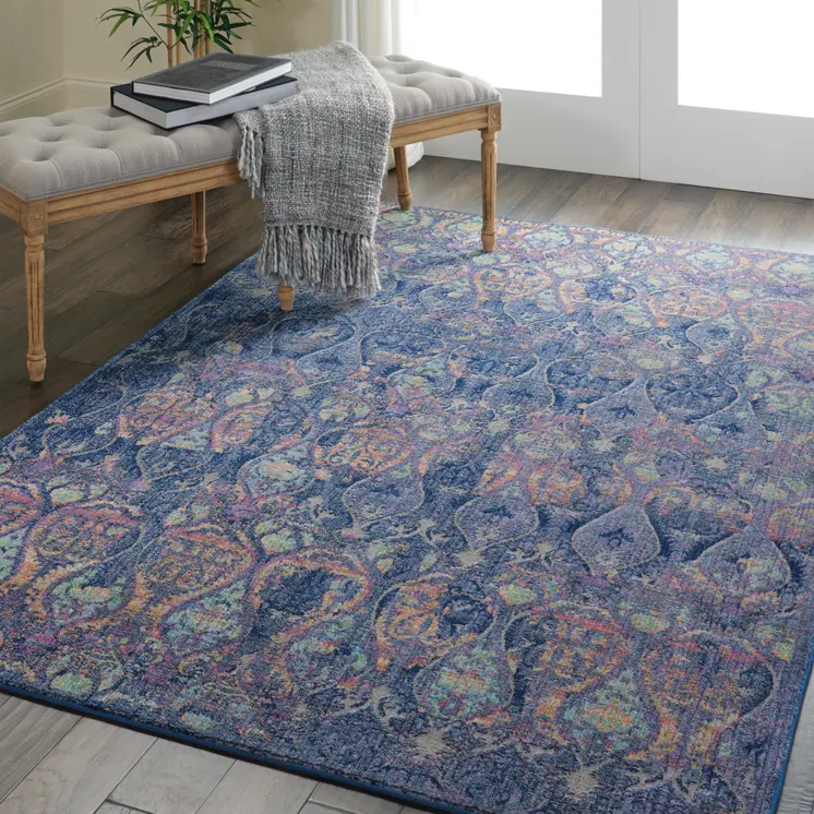 4' X 6' Navy Blue and Orange Ogee Distressed Non Skid Area Rug