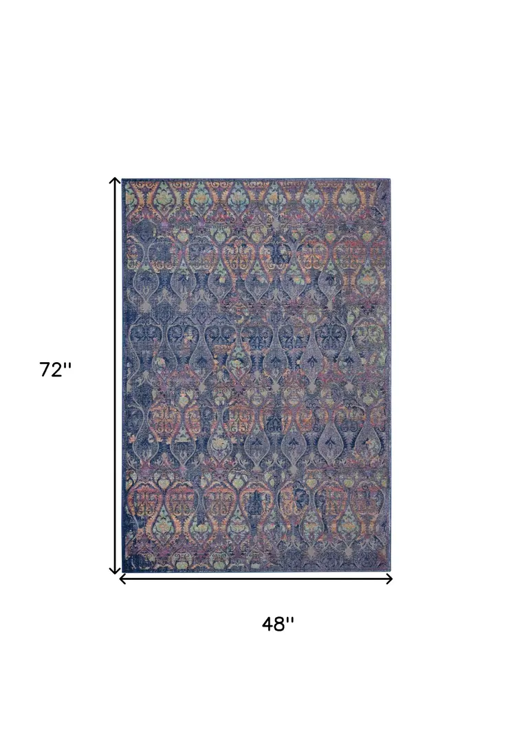 4' X 6' Navy Blue and Orange Ogee Distressed Non Skid Area Rug