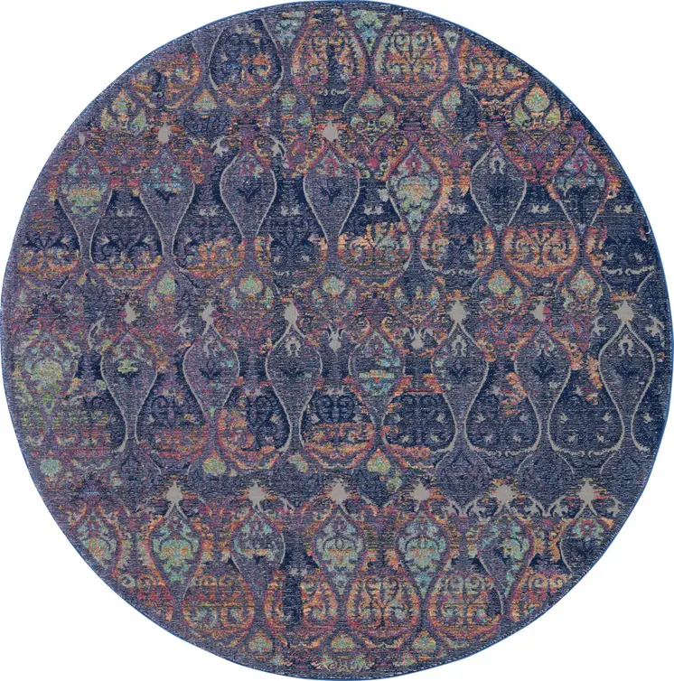 6' Navy Blue and Orange Ogee Distressed Non Skid Round Rug