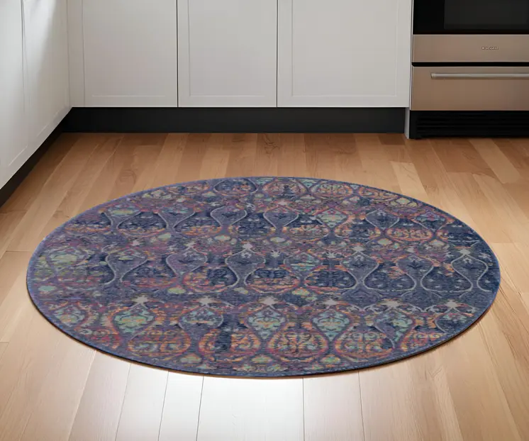 6' Navy Blue and Orange Ogee Distressed Non Skid Round Rug