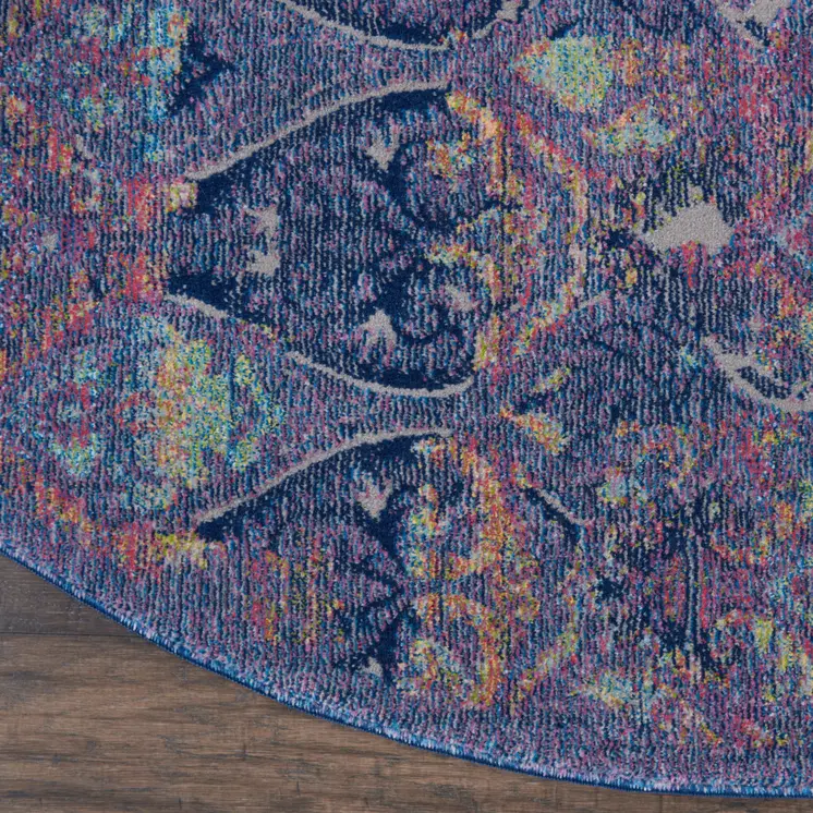 6' Navy Blue and Orange Ogee Distressed Non Skid Round Rug