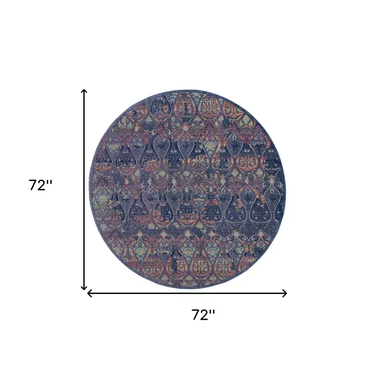 6' Navy Blue and Orange Ogee Distressed Non Skid Round Rug