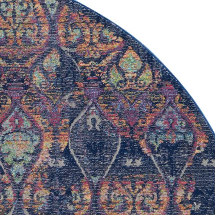 6' Navy Blue and Orange Ogee Distressed Non Skid Round Rug