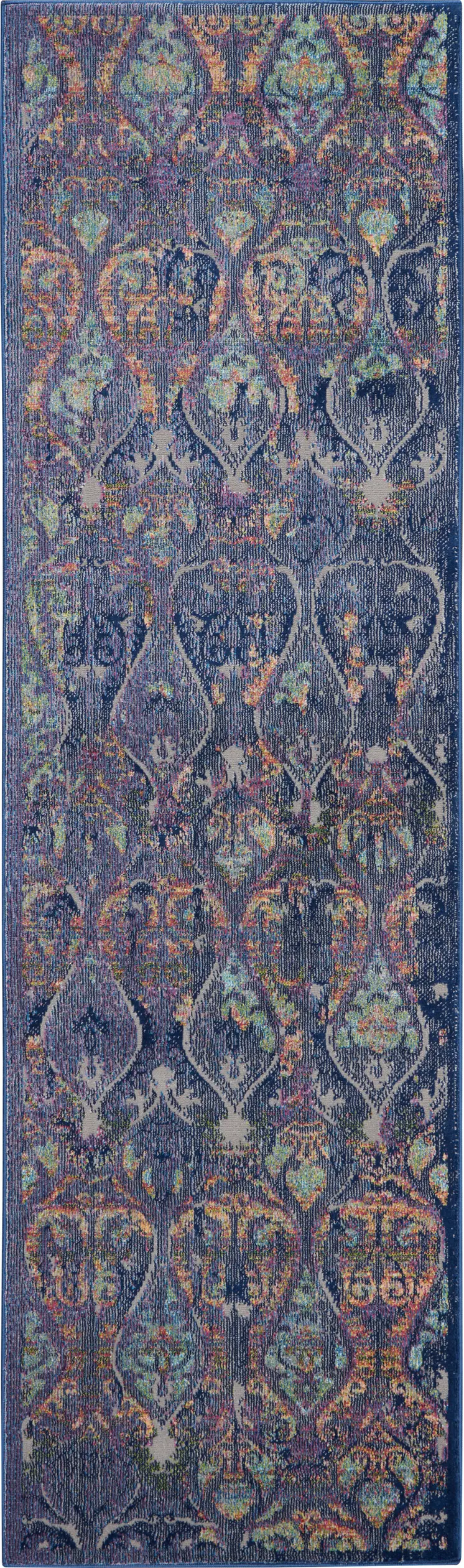 6' Navy Blue and Orange Ogee Distressed Non Skid Runner Rug