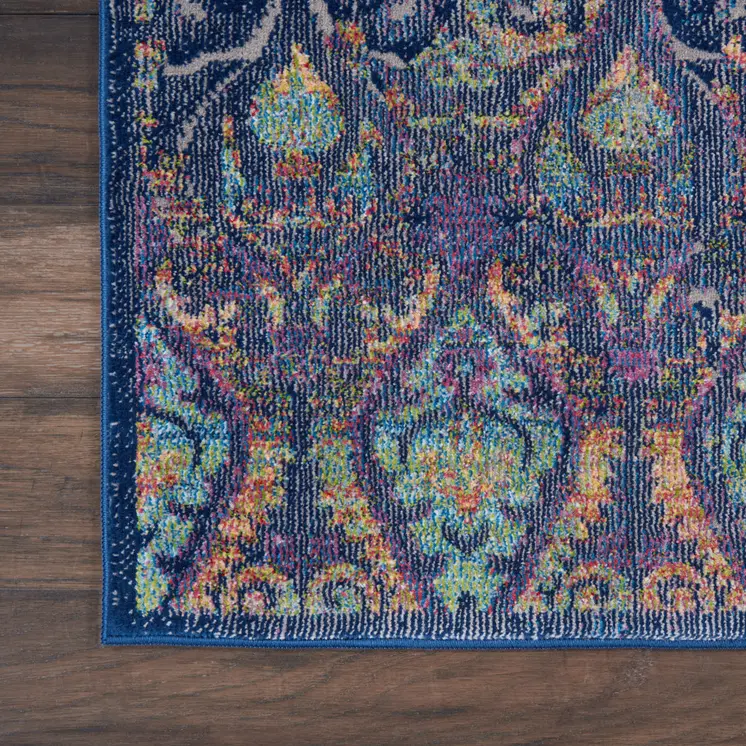6' Navy Blue and Orange Ogee Distressed Non Skid Runner Rug