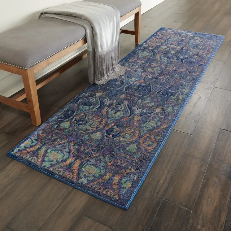 6' Navy Blue and Orange Ogee Distressed Non Skid Runner Rug