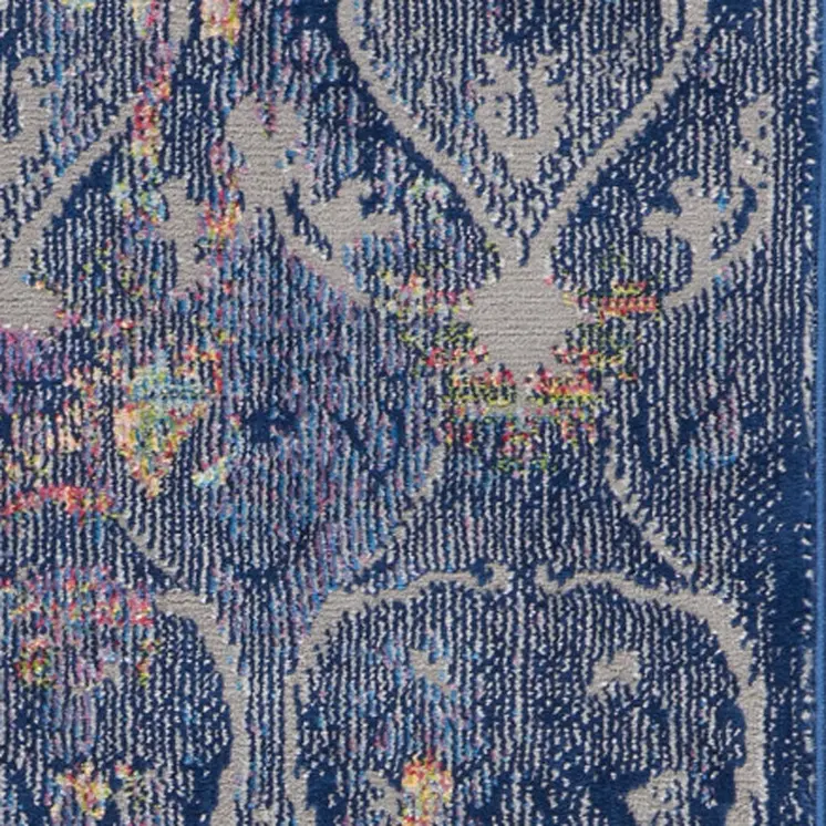 6' Navy Blue and Orange Ogee Distressed Non Skid Runner Rug