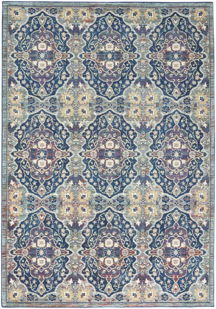 4' X 6' Ivory Navy Blue and Yellow Floral Distressed Non Skid Area Rug