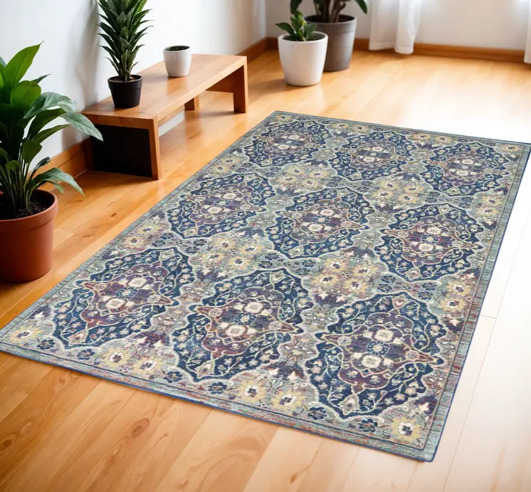 4' X 6' Ivory Navy Blue and Yellow Floral Distressed Non Skid Area Rug