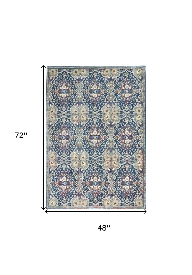 4' X 6' Ivory Navy Blue and Yellow Floral Distressed Non Skid Area Rug