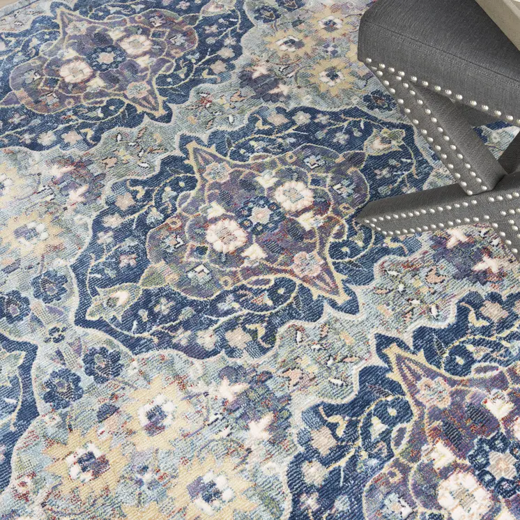 6' Ivory Navy Blue and Yellow Floral Distressed Non Skid Round Rug