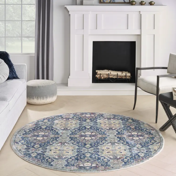 6' Ivory Navy Blue and Yellow Floral Distressed Non Skid Round Rug
