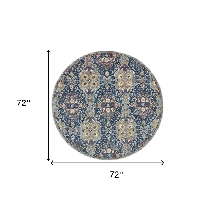 6' Ivory Navy Blue and Yellow Floral Distressed Non Skid Round Rug