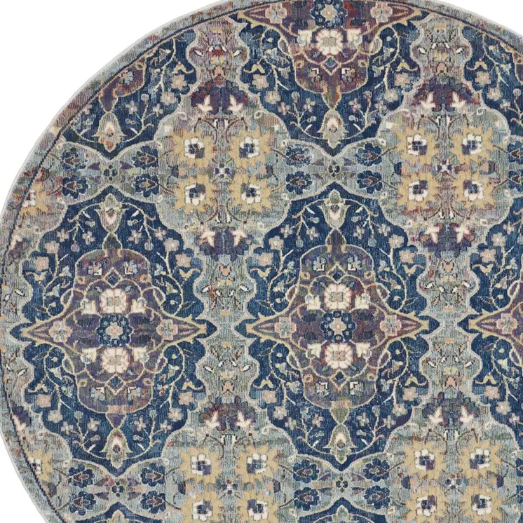6' Ivory Navy Blue and Yellow Floral Distressed Non Skid Round Rug