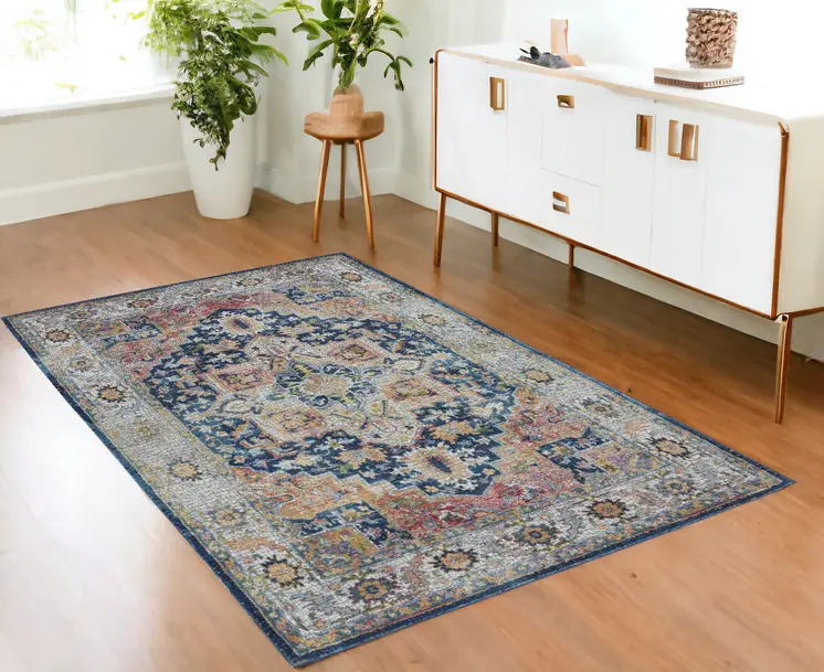 4' X 6' Ivory Blue and Orange Floral Medallion Distressed Non Skid Area Rug