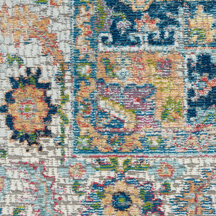 4' X 6' Ivory Blue and Orange Floral Medallion Distressed Non Skid Area Rug