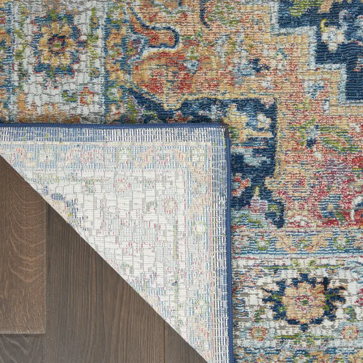 4' X 6' Ivory Blue and Orange Floral Medallion Distressed Non Skid Area Rug