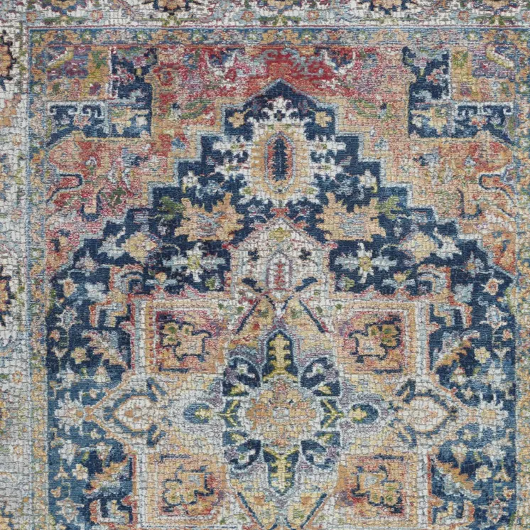 4' X 6' Ivory Blue and Orange Floral Medallion Distressed Non Skid Area Rug