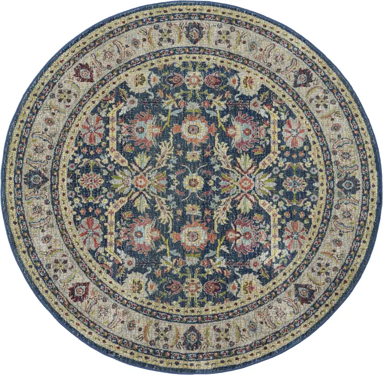 6' Navy Blue and Yellow Floral Distressed Non Skid Round Rug