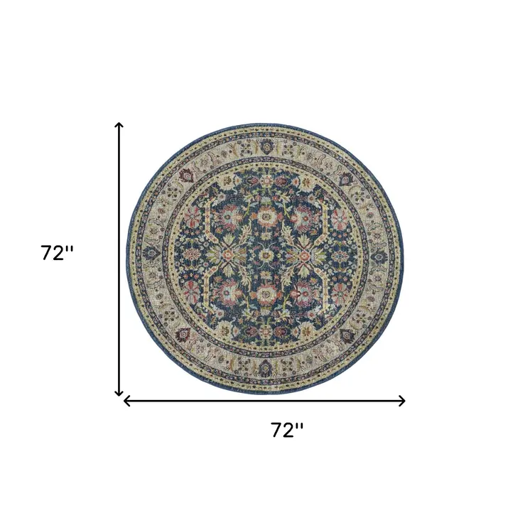 6' Navy Blue and Yellow Floral Distressed Non Skid Round Rug