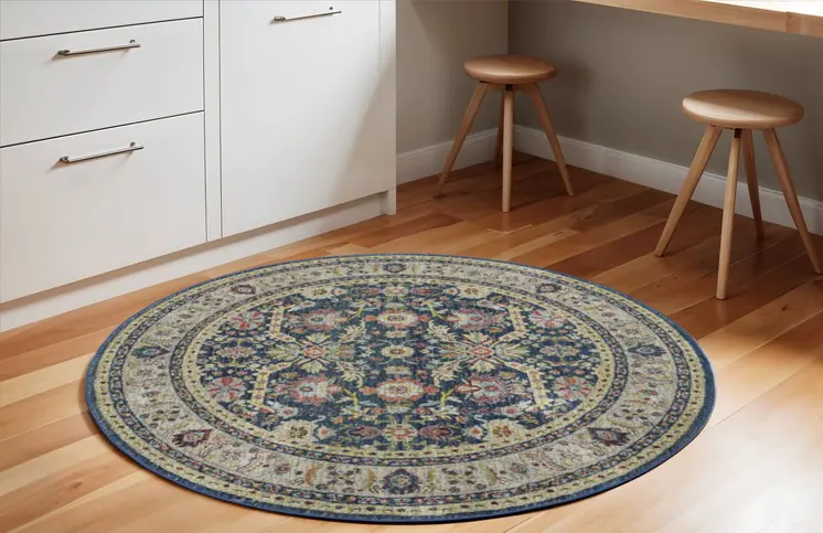 6' Navy Blue and Yellow Floral Distressed Non Skid Round Rug