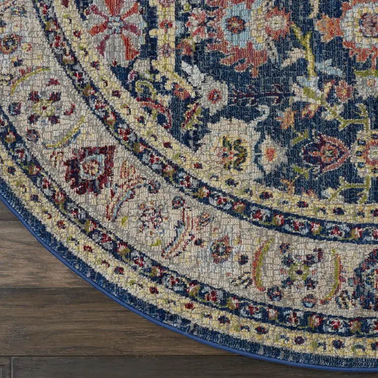 6' Navy Blue and Yellow Floral Distressed Non Skid Round Rug