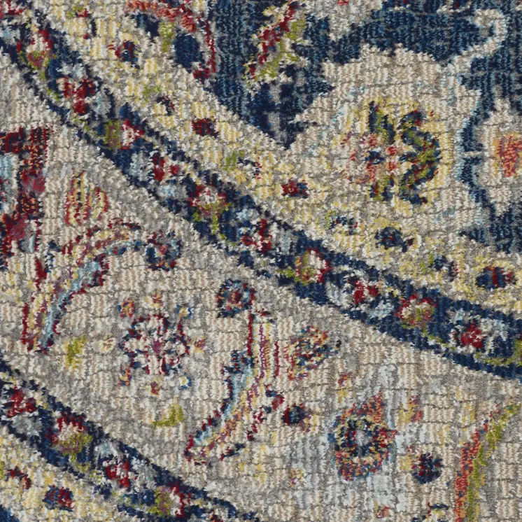 6' Navy Blue and Yellow Floral Distressed Non Skid Round Rug
