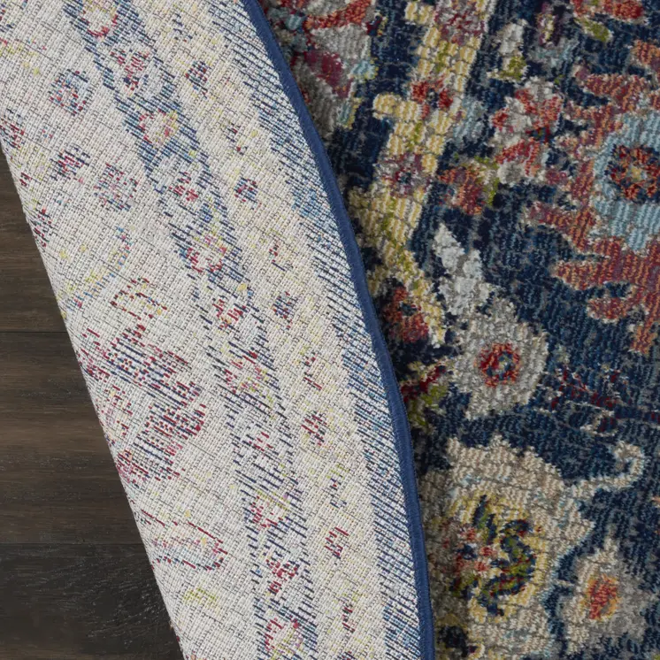6' Navy Blue and Yellow Floral Distressed Non Skid Round Rug