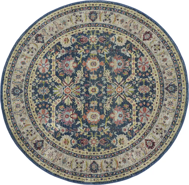 6' Navy Blue and Yellow Floral Distressed Non Skid Round Rug