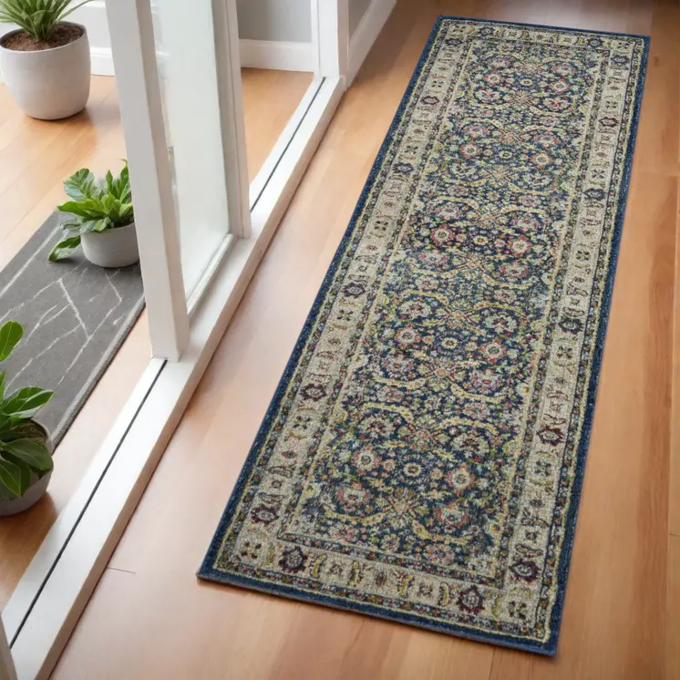 6' Navy Blue and Yellow Floral Distressed Non Skid Runner Rug