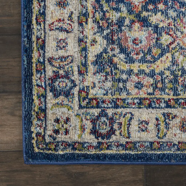6' Navy Blue and Yellow Floral Distressed Non Skid Runner Rug