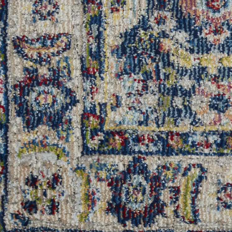 6' Navy Blue and Yellow Floral Distressed Non Skid Runner Rug