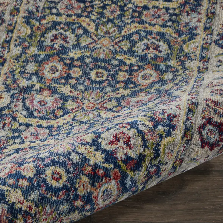 6' Navy Blue and Yellow Floral Distressed Non Skid Runner Rug