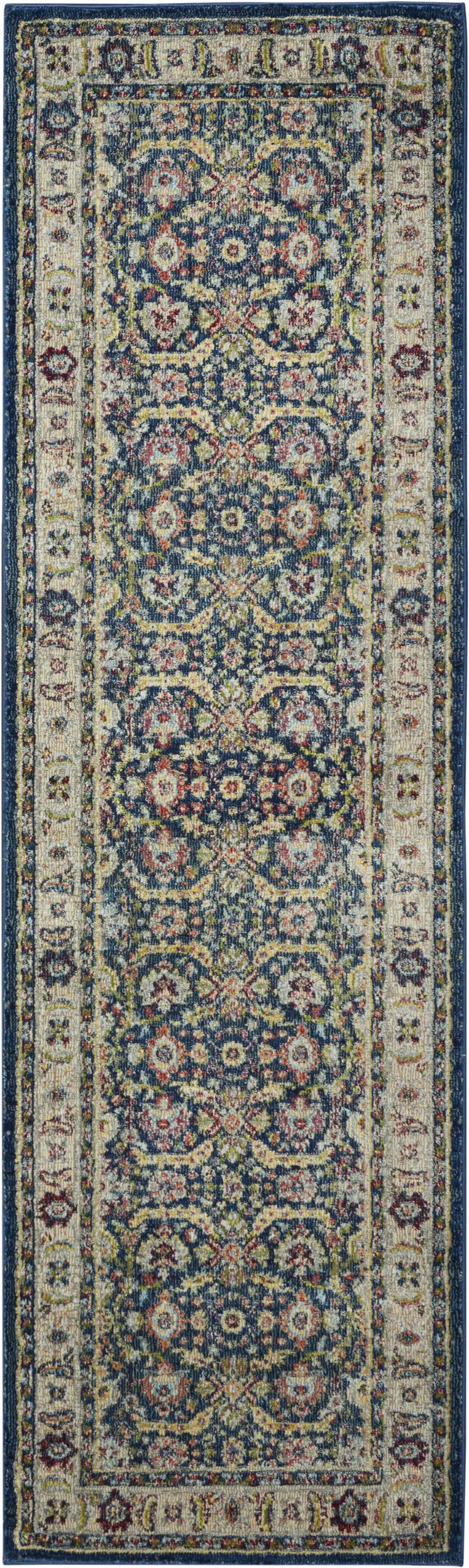 6' Navy Blue and Yellow Floral Distressed Non Skid Runner Rug