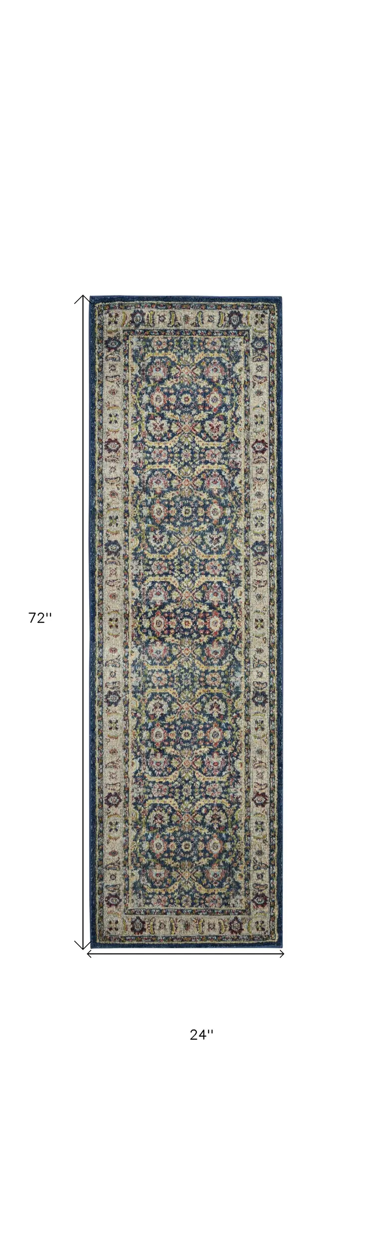6' Navy Blue and Yellow Floral Distressed Non Skid Runner Rug