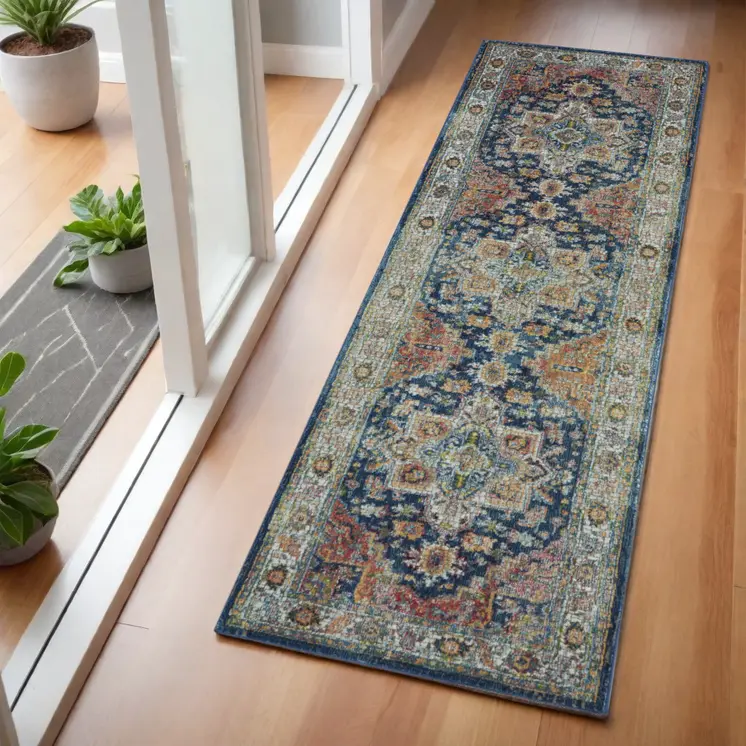 6' Ivory Blue and Orange Floral Distressed Non Skid Runner Rug