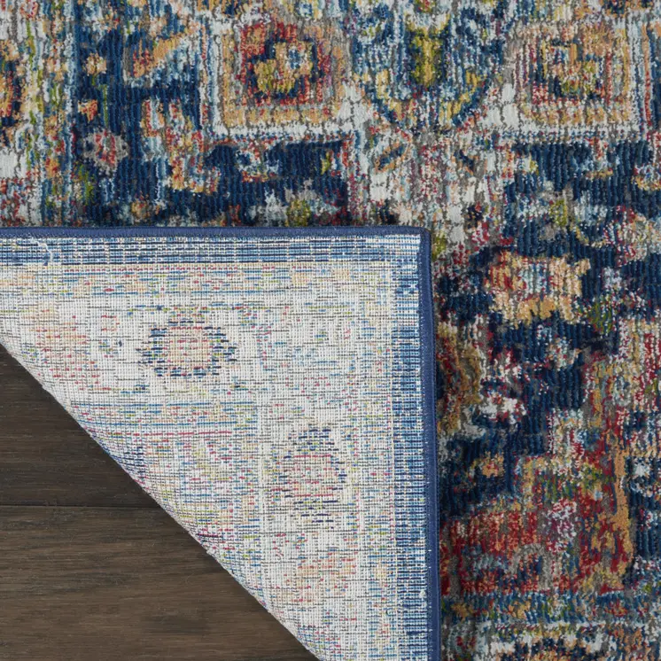 6' Ivory Blue and Orange Floral Distressed Non Skid Runner Rug