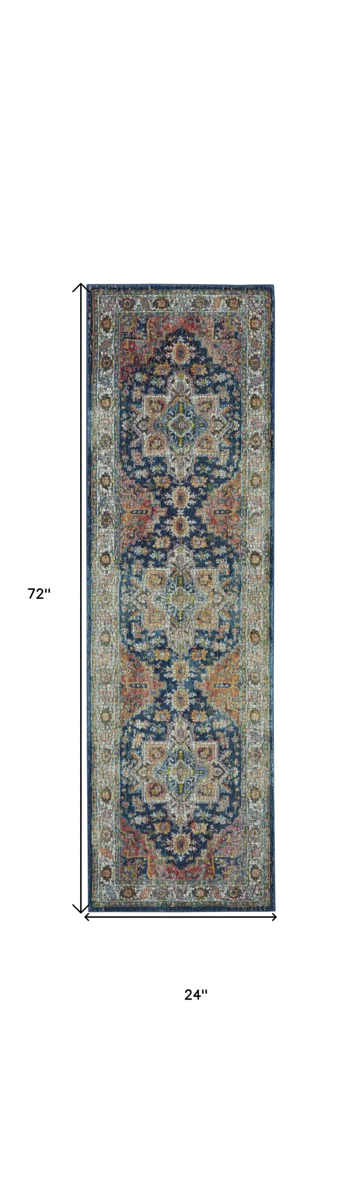 6' Ivory Blue and Orange Floral Distressed Non Skid Runner Rug