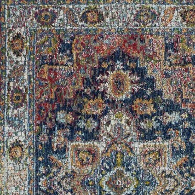 6' Ivory Blue and Orange Floral Distressed Non Skid Runner Rug